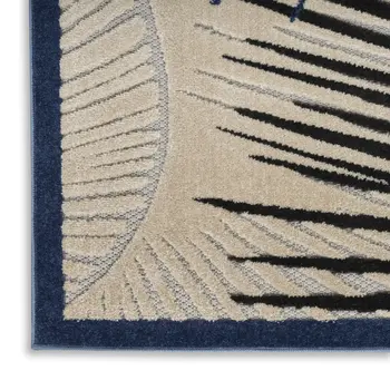 10' X 13' Navy Blue Black And Ivory Palm Leaf Indoor Outdoor Area Rug