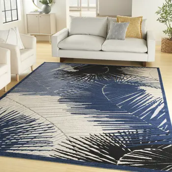 10' X 13' Navy Blue Black And Ivory Palm Leaf Indoor Outdoor Area Rug