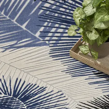 10' X 13' Navy Blue Black And Ivory Palm Leaf Indoor Outdoor Area Rug