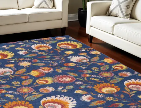 9' X 12' Navy Blue Floral Power Loom Area Rug