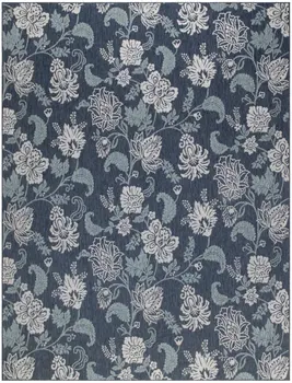 9' X 12' Navy Blue And Ivory Floral Indoor Outdoor Area Rug