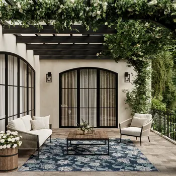 9' X 12' Navy Blue And Ivory Floral Indoor Outdoor Area Rug