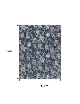 9' X 12' Navy Blue And Ivory Floral Indoor Outdoor Area Rug