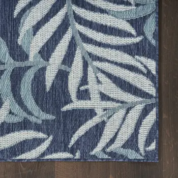 9' X 12' Navy Blue And Ivory Palm Leaf Indoor Outdoor Area Rug