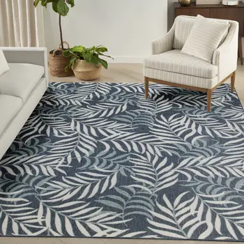9' X 12' Navy Blue And Ivory Palm Leaf Indoor Outdoor Area Rug
