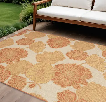 9' X 12' Coral And Ivory Floral Indoor Outdoor Area Rug