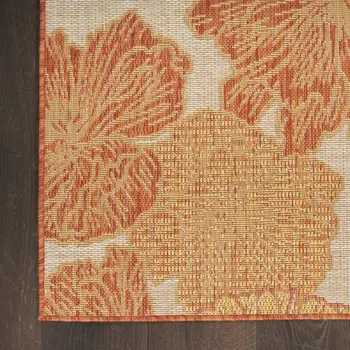 9' X 12' Coral And Ivory Floral Indoor Outdoor Area Rug