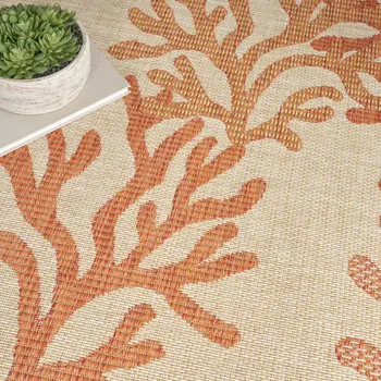 9' X 12' Coral And Ivory Nautical Indoor Outdoor Area Rug
