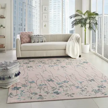 9' X 12' Pink Gray and Blue Floral Area Rug
