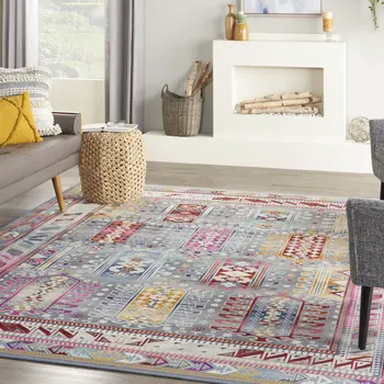 9' X 12' Ivory Gray And Red Floral Distressed Non Skid Area Rug