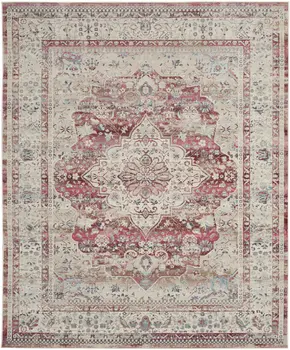 9' X 12' Ivory Red And Brown Floral Distressed Non Skid Area Rug