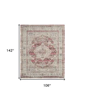 9' X 12' Ivory Red And Brown Floral Distressed Non Skid Area Rug