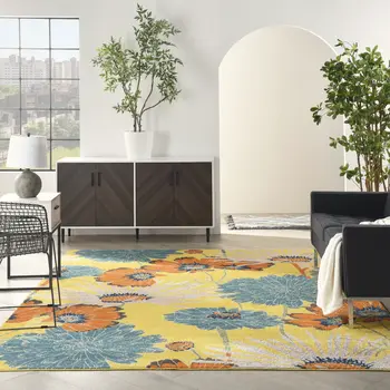 9' X 12' Yellow Floral Power Loom Area Rug