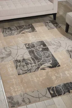 9' X 13' Tan Black and Ivory Floral Vines Non Skid Area Rug