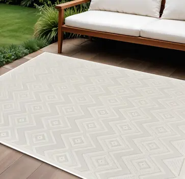 10' X 14' Ivory And White Geometric Indoor Outdoor Area Rug