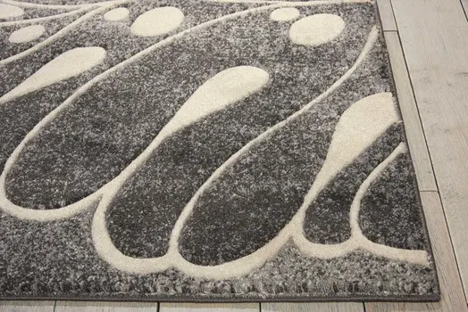 9' X 13' Ivory Black and Gray Botanical Leaves Non Skid Area Rug