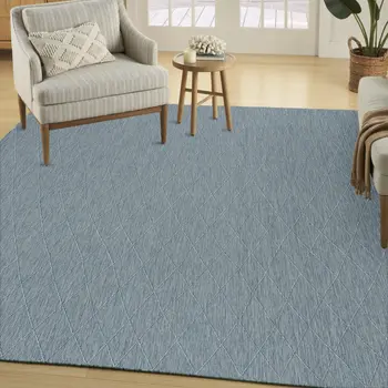 9' X 12' Aqua And Ivory Geometric Indoor Outdoor Area Rug
