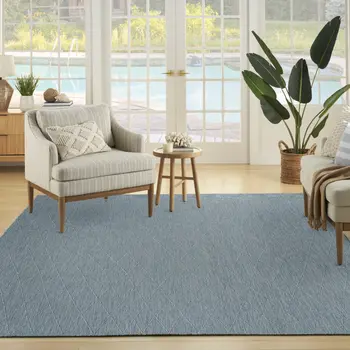 9' X 12' Aqua And Ivory Geometric Indoor Outdoor Area Rug
