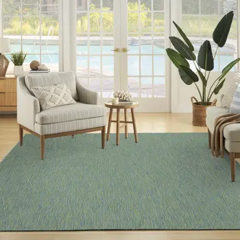 9' X 12' Blue And Green Geometric Indoor Outdoor Area Rug