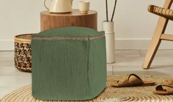 18" Moss Green And Natural Cotton And Jute Cube Pouf Ottoman