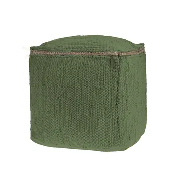 18" Moss Green And Natural Cotton And Jute Cube Pouf Ottoman
