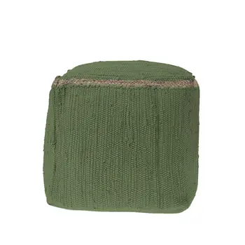 18" Moss Green And Natural Cotton And Jute Cube Pouf Ottoman