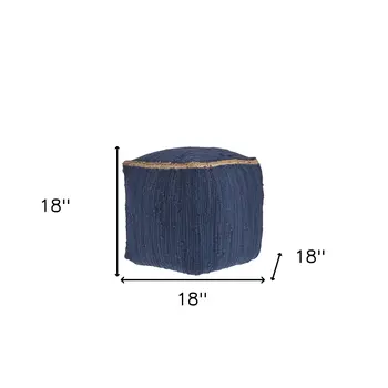 18" Indigo Cotton And Jute Cube Pouf Ottoman