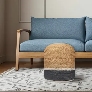 18" Natural And Gray Jute Blend Cylinder Striped Pouf Ottoman