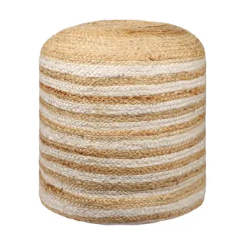 18" Natural And White Jute Blend Cylinder Striped Pouf Ottoman