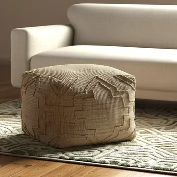18" Natural Jute Blend Cube Quatrefoil Pouf Ottoman