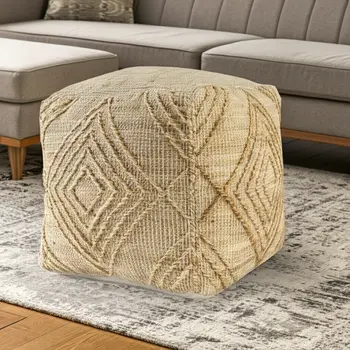 18" Natural Jute Blend Cube Geometric Pouf Ottoman