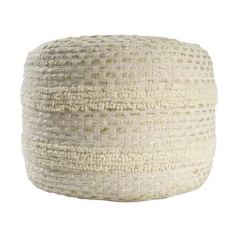 18" Natural And Ivory Cotton Blend Round Striped Pouf Ottoman