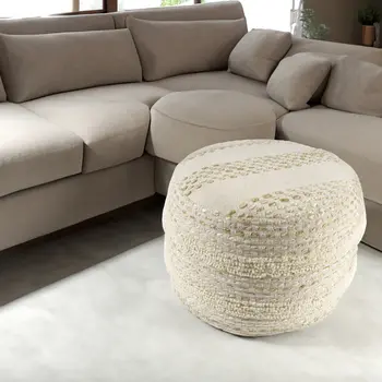 18" Natural And Ivory Cotton Blend Round Striped Pouf Ottoman