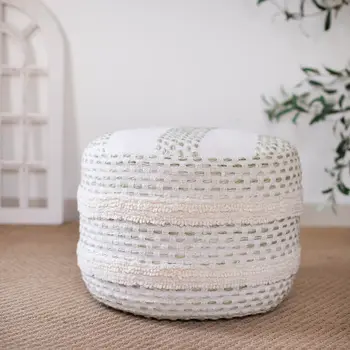 18" Natural And Ivory Cotton Blend Round Striped Pouf Ottoman
