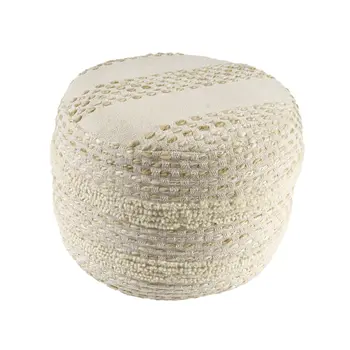 18" Natural And Ivory Cotton Blend Round Striped Pouf Ottoman
