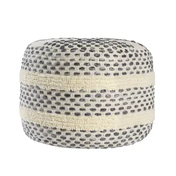 18" Ivory And Blue Cotton Blend Round Striped Pouf Ottoman