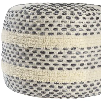 18" Ivory And Blue Cotton Blend Round Striped Pouf Ottoman