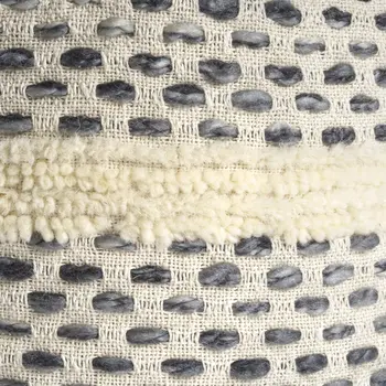18" Ivory And Blue Cotton Blend Round Striped Pouf Ottoman
