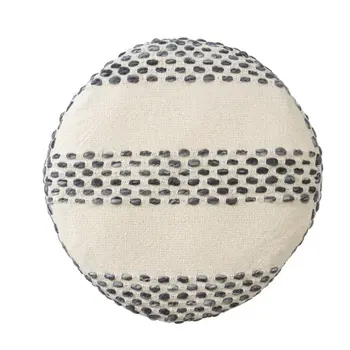 18" Ivory And Blue Cotton Blend Round Striped Pouf Ottoman