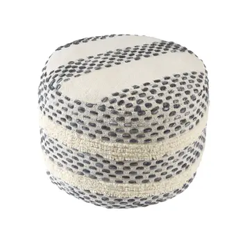 18" Ivory And Blue Cotton Blend Round Striped Pouf Ottoman