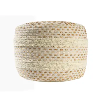 18" Ivory And Brown Cotton Blend Round Striped Pouf Ottoman