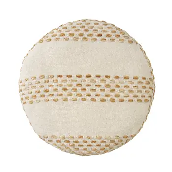 18" Ivory And Brown Cotton Blend Round Striped Pouf Ottoman