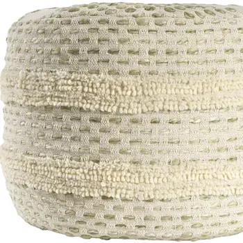 18" Ivory And Green Cotton Blend Round Striped Pouf Ottoman