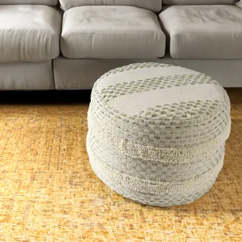 18" Ivory And Green Cotton Blend Round Striped Pouf Ottoman