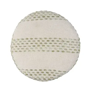 18" Ivory And Green Cotton Blend Round Striped Pouf Ottoman