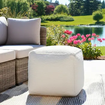 18" Ivory Polyester Cube Outdoor Pouf Ottoman