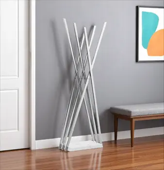 65" Silver And White Metal And Marble Six Hook Freestanding Coat Rack