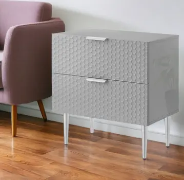 24" Gray And Silver Wood And Stainless Steel End Table With Two Drawers