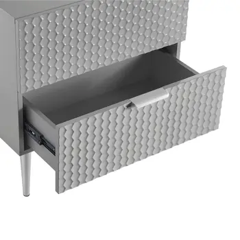 24" Gray And Silver Wood And Stainless Steel End Table With Two Drawers