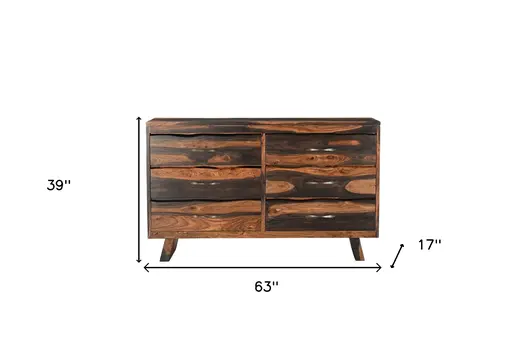 63" Dark Brown Solid Wood Live Edge Six Drawer Double Dresser